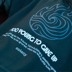 Eskecy Fire and Ice Hoodie – navy hoodie with wave graphic and "Too Young To Give Up" print